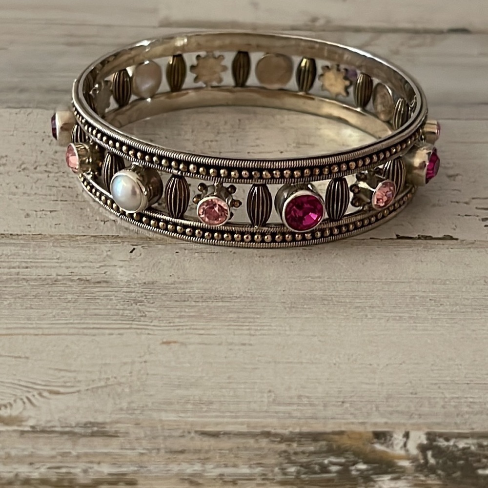 Mars & Valentine Sterling Silver Mixed Gemstone Pearl Bangle Bracelet - Picture 2 of 6